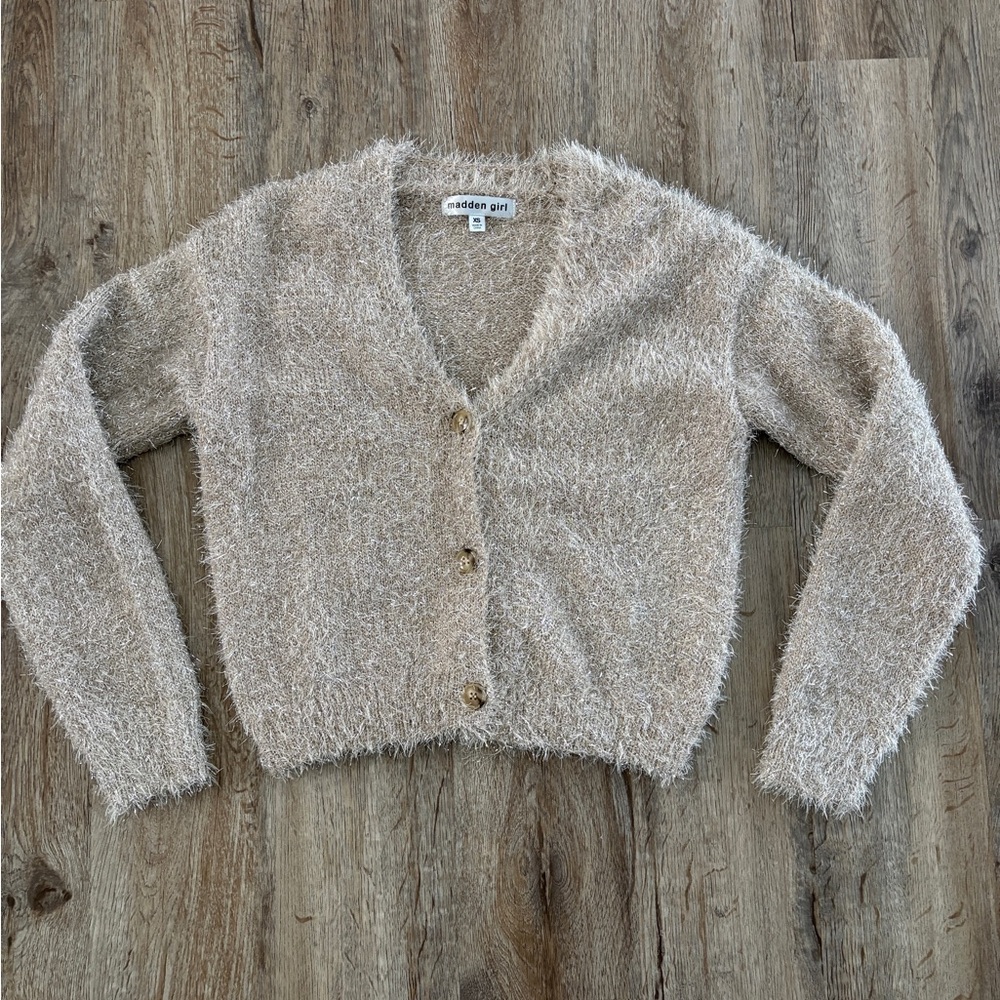 Madden Girl Cream Fuzzy button up sweater - xs
